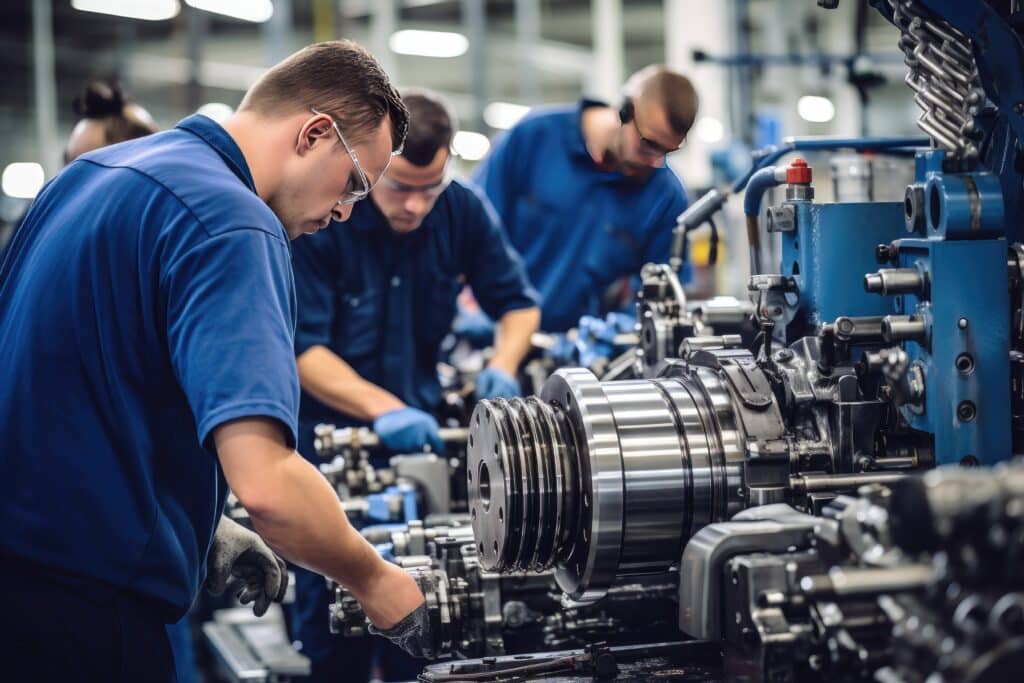Personnes qualifiées utilisant diverses machines dans une usine ou un secteur industriel